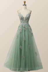 Sage Green V Neck Appliques Long Formal Dress