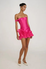 Livette - Strapless Corset Look & Ruffle Detail Mini Dress
