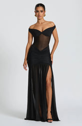 Sylarine – Bardot dress with sheer details and a slit