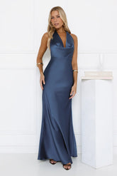 Glitz Gathering Halter Satin Maxi Dress Navy
