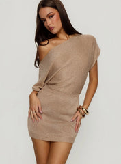 Kysa Off Shoulder Knit Mini Dress Beige