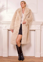 Angeleye Coffee Long Cream Faux Fur Coat
