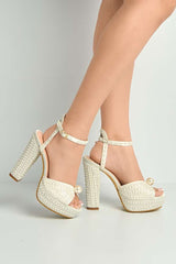 Amora Pearl Embellished Block Heel Anklestrap Sandals in White