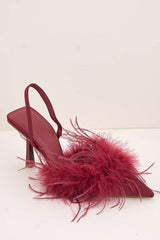 Aisla Pointed Toe Feather Slingback Court Shoes in Red