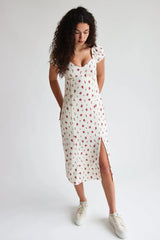 Rose Print Empire Waist Puff Sleeve Dress